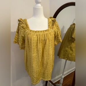 Ces Femme mustard yellow shirt flutter sleeve boho blouse shirt top Large